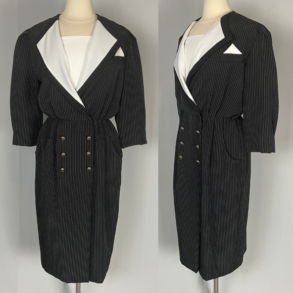 Vintage Dress Womens Size 12 Black White Pinstripe 80s Career Secretary Suiting - Picture 1 of 16